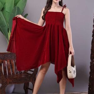 Women's Junglee Velvet Maroon Handkerchief Hem Dress