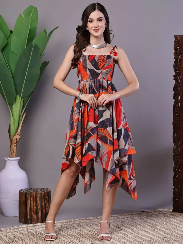Women's Rust & Grey Abstract Print Cotton Handkerchief Hem Dress Midi Dresses