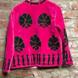 Womens Pink Velvet Embroidered Jacket with Floral Design